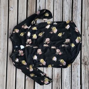NWT Black Pink Yellow Floral Business Casual Top Blouse Sheer Size Medium